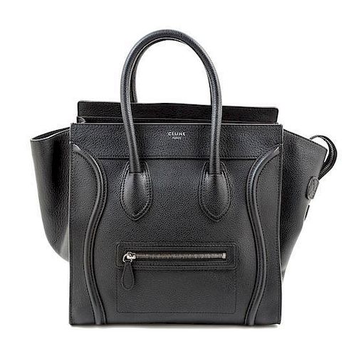 A Celine Black Leather Mirco Luggage Tote, 12" x 12" x 7"; Handle drop: 5".