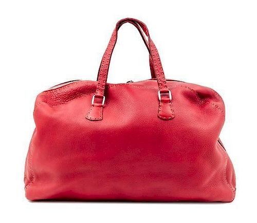 A Fendi Red Leather Selleria Tote Bag, 18" x 12" x 4"; Handle drop: 6".