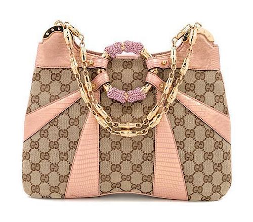 A Gucci Monogram Canvas and Pink Python Handbag, 12" x 8.5" x 1"; Strap drop: 8".