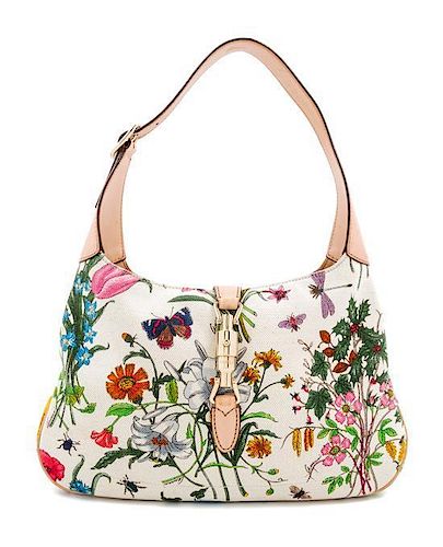A Gucci Floral Canvas Handbag, 12" x 8" x 1.5"; Strap drop: 9".