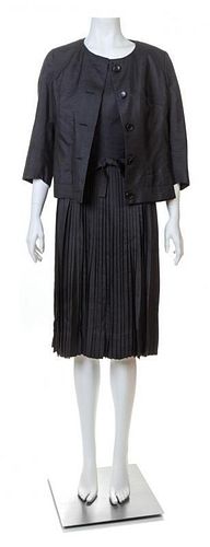 A Christian Dior Black Silk Dress and Jacket, No size; Belt: 24-25.75" x 1".
