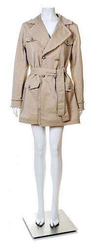 A Chanel Khaki Cotton Double Breasted Trench Coat, Size 42; Belt: 59.5" x 2".
