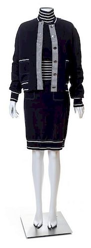 A Chanel Navy Three Piece Jacket and Skirt Ensemble, Jacket and skirt size 42, Top size 40.