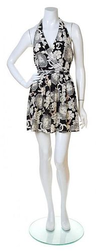 A Chanel Black and White Silk Lion Print Halter Dress, Size 38.