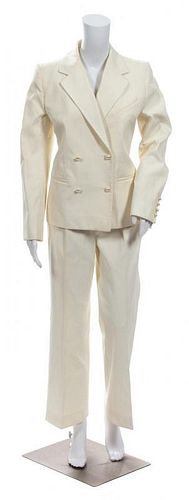 A Chanel Cream Ribbed Pant Suit, Jacket size 42; Pant size 40.