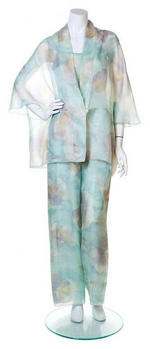 A Giorgio Armani Silk Floral Jumpsuit and Capelet, Jumpsuit size 42.
