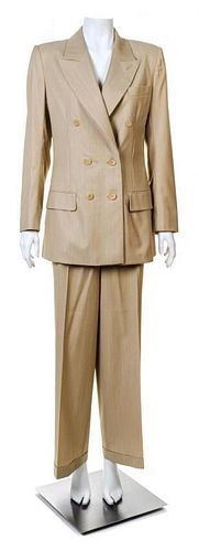 A Givenchy Tan Wool Pinstripe Pant Suit, Size 40.