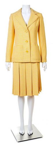 A Givenchy Yellow and Cream Wool Herringbone Jacket and Skirt Set, Size 40.