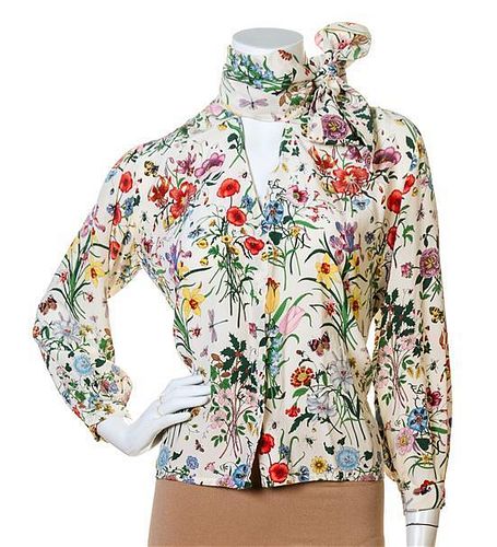A Gucci Cream Silk Floral Sheer Blouse, Size 40.