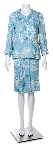 A Guy LaRoche Blue Floral Jacket and Skirt Set, No size.