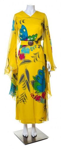 A Hanae Mori Yellow Silk Chiffon Caftan Dress, Size 10.