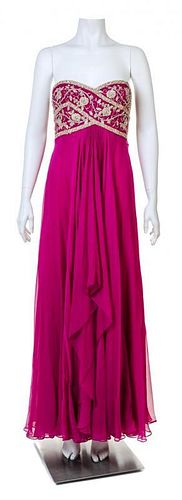 A Marchesa Raspberry Silk Strapless Gown, Size 10.