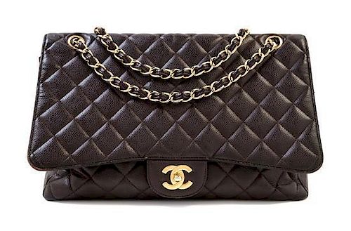A Chanel Brown Caviar Jumbo Flap Bag, 11.5" x 9.5" x 3.5"; Strap drop: 20".