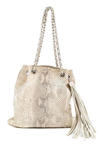 A Chanel Cream and Grey Python Drawstring Bag, 11" x 11" x .5"; Strap drop: 8".