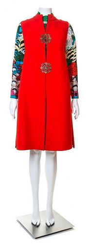 A Tina Leser Multicolor Silk Dress and Red Wool Vest, No size.