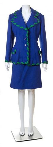A Valentino Royal Blue Wool Jacket and Skirt Set, Size 14.