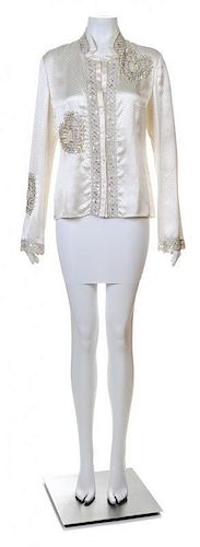 A Valentino Cream Silk Embellished Blouse, Size 10.