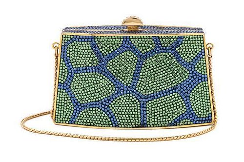 A Judith Leiber Blue and Green Crystal Clutch, 4.5" x 2.75" x 1".