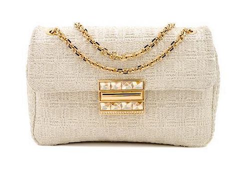 A Judith Leiber Cream Tweed Flap Handbag, 9.5" x 6.5" x 2.5".
