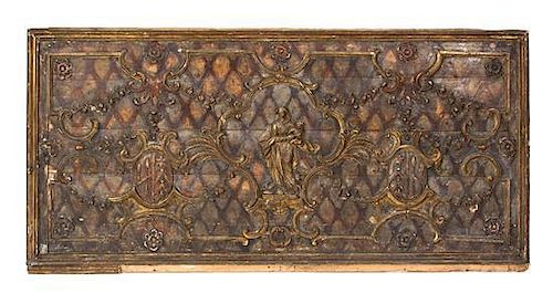 A Renaissance Style Carved and Painted Wood Panel Height 39 1/2 x width 81 inches.