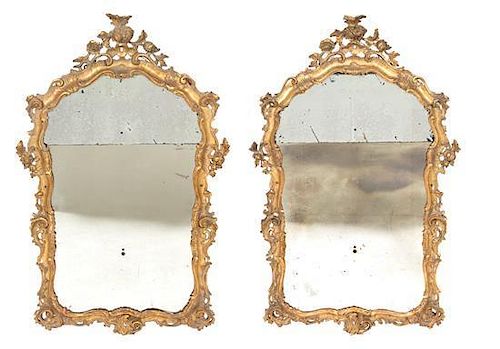 A Pair of Venetian Rococo Style Giltwood Mirrors Height 40 3/4 x width 26 1/2 inches.
