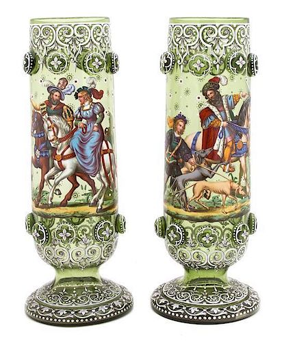 A Pair of Bohemian Glass and Enamel Footed Vases Height 17 3/4 x diameter 7 inches.