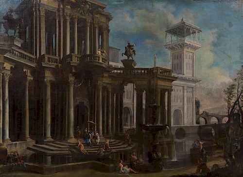 Circle of Giovanni Paolo Panini, (Italian, 1691-1765), Two Expansive Scenes of Capriccios Amidst the Ruins Untitled