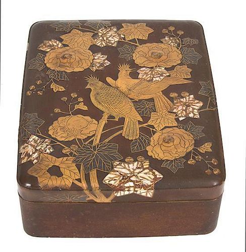 A Japanese Lacquered and Mother-of-Pearl Inlaid Covered Box Height 6 x width 17 x depth 13 1/4 inches.