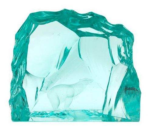 A Kosta Boda Vicke Etched Green Crystal Iceberg Sculpture with Polar Bear Height 8 3/4 x length 10 x depth 2 1/4 inches.