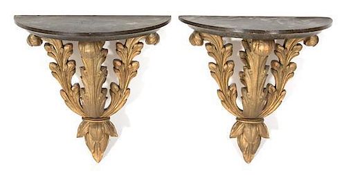 A Pair of Rococo Style Gilt Composition Wall Brackets Height 15 x width 14 1/2 x depth 7 1/2 inches.