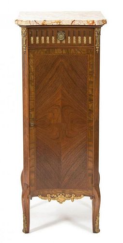 A Pair of Transitional Louis XV/XVI Marble Top Parquetry Inlaid Tulipwood Night Stands Height 43 x width 17 x depth 16 ½