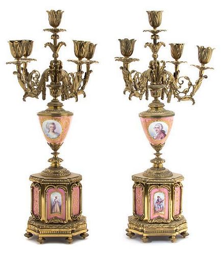 A Pair of Gilt Metal and Sevres Style Porcelain Five-Light Candelabra Height 20 inches.