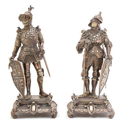 A Pair of English Silver Plate Knights Height 9 1/2 inches.
