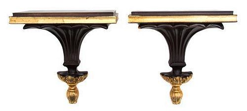 A Pair of Regency Style Black and Gilt Wall Brackets Height 6 3/4 inches.