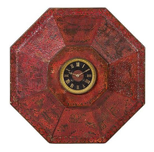 A Red Lacquered Octagonal-Form Wall Clock Diameter 17 inches.