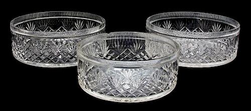 A Group of Three Matching Cut Glass Bowls Diameter of pair 10 1/2 inches.