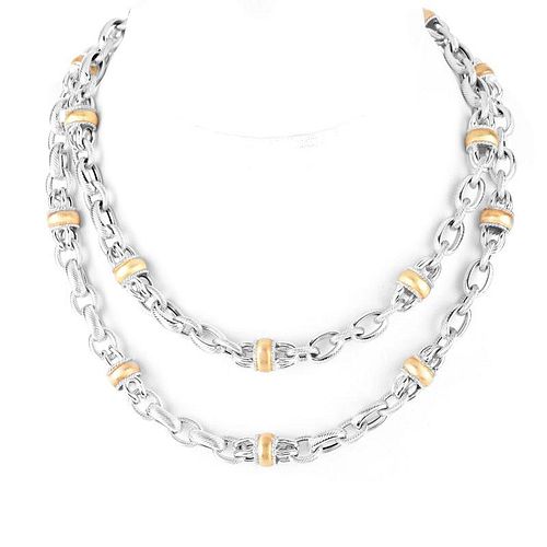 Italian 18 Karat White and Yellow Gold Long Necklace. Can also be worn as two necklaces. Stamped It