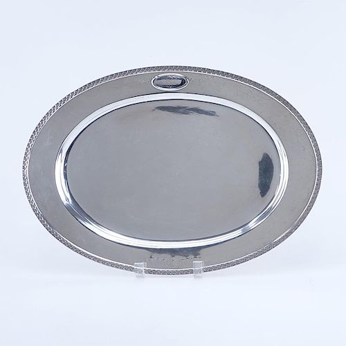 Brand-Chatillon Sterling Silver Oval Platter. Decorated with Vitruvian scroll rim, monogram in cart