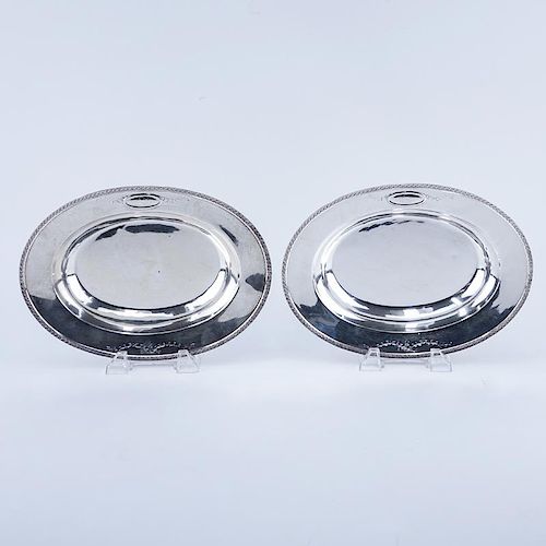 Pair Brand-Chatillon Sterling Silver Oval Serving Bowls. Decorated with Vitruvian scroll rim, monog