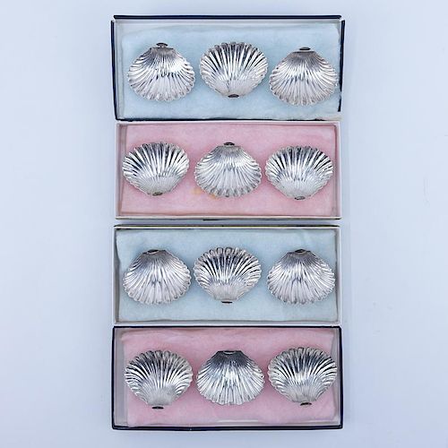 Twelve (12) Italian 800 Silver Place Card Holders. Shell shaped dishes serve as nut dishes. Origina