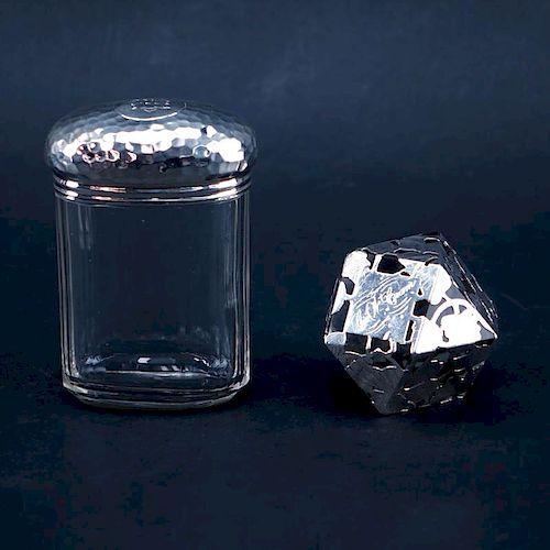 Two Silver And Glass Items. Includes English silver lidded jar, signed with English hallmarks, Lond