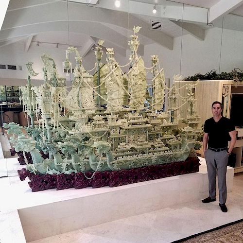 Massive Approx. 2,000 lbs, Chinese Heavily Carved Jade Dragon Ship Mounted on Heavily Carved Wood B