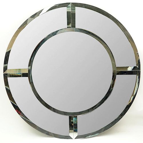 Late 20th Century Karl Springer Style "Saturn" Beveled Mirror. Good condition. Measures 42" Dia. Pr