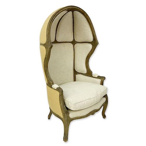 Louis XV Style Versailles Carved Oak, Burlap Backed and Belgian Linen Porter Chair by Restoration H