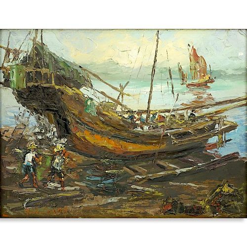 Wan Yin Leung, Chinese (born 1960) Oil on canvas "Busy Harbor". Signed lower left Y.W. Leung. Good