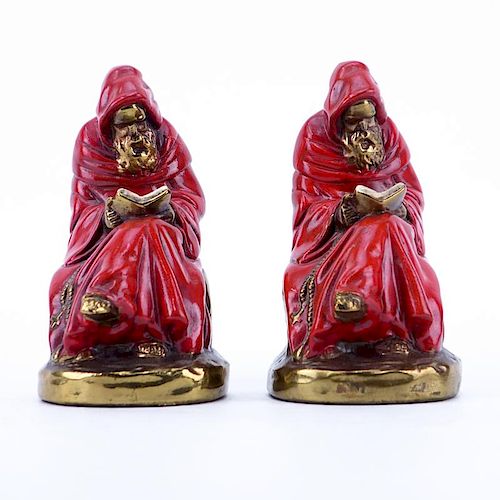 Pair of Marion Bronze Co. Gilt Bronze-Clad and Polychrome, Robed Monk Reading, Figural Bookends. Si