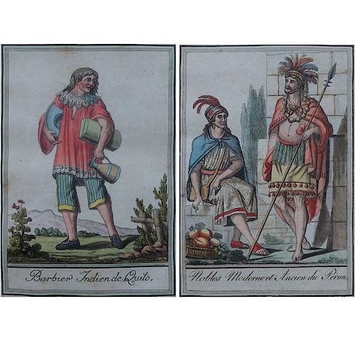 Pair of Antique Hand Colored Engravings. Includes: "Barbier Indien de Quito" and "Nobles Moderne et