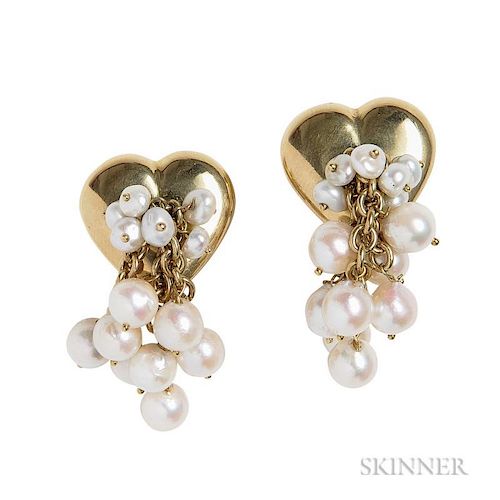 18kt Gold and Cultured Pearl Heart Earrings