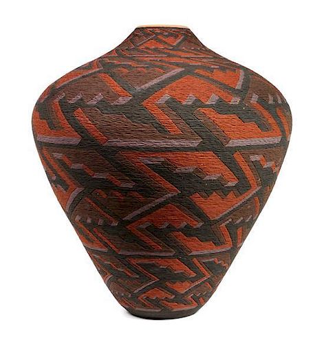 Richard Zane Smith (b. 1955) Polychrome Corrugated Ceramic Vase Height 21 x width 18 inches