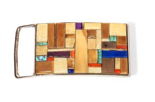 Hopi Silver and Multi-Stone Inlay Belt Buckle, Charles Loloma (1921-1991) Height 1 5/8 x width 2 7/8 inches
